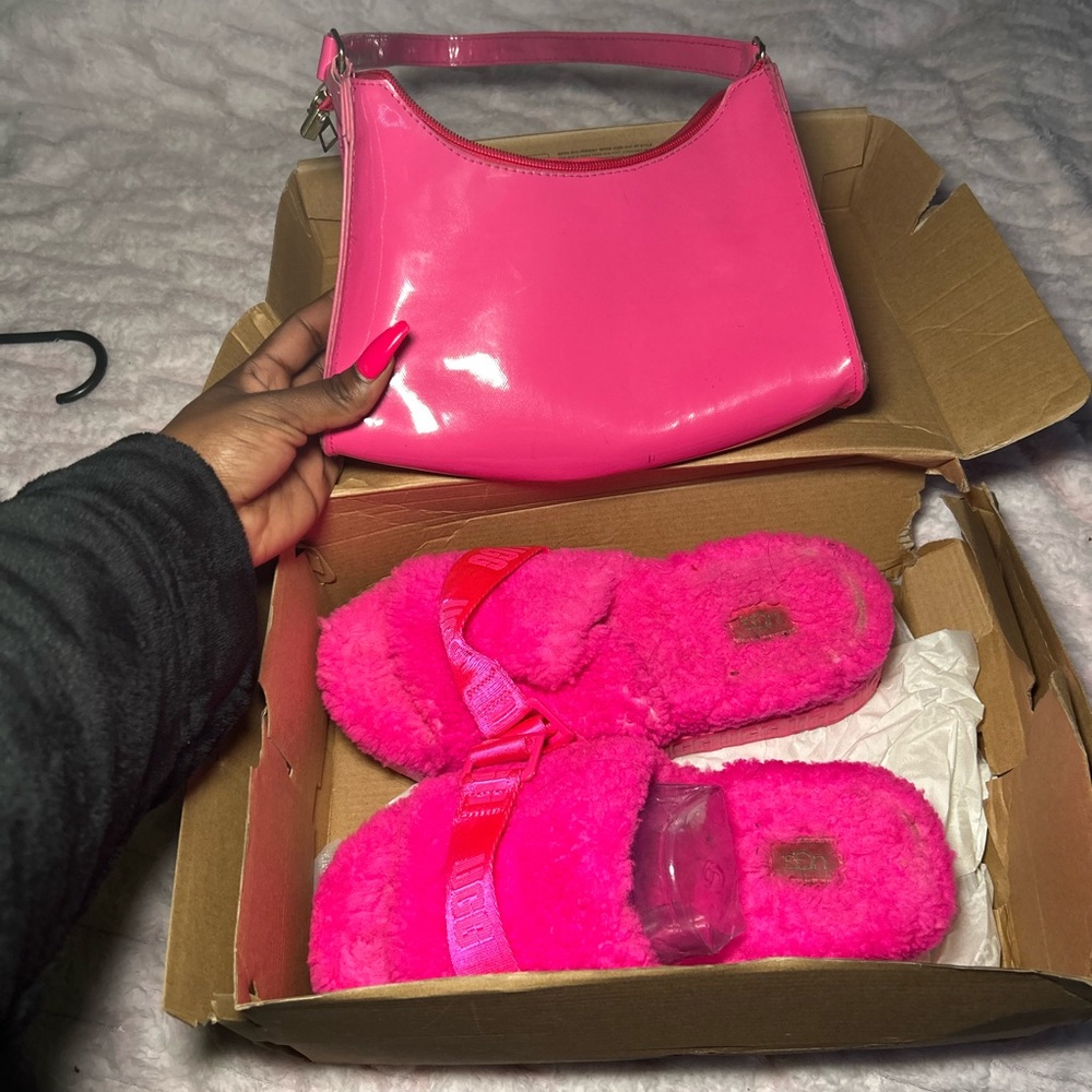 UGG Bright Pink Fluffy platform slides